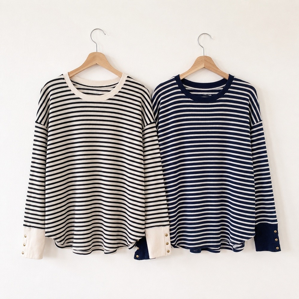 Sonoma Goods (Set of 2) Cozy Waffle Pullovers Blue Gray Cream Stripe / Size L